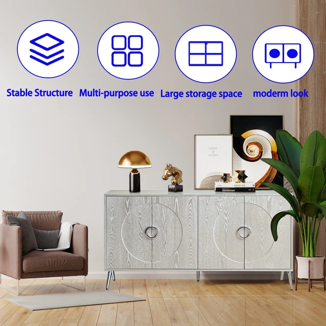 Alt view image 5 of 7 - Modern Lacquered 4 Door Wooden Cabinet Sideboard Buffet Server Cabinet Storage Cabinet, for Living Room, Entryway, Hallway, Office, Kitchen and Dining Room, Champagne Silver