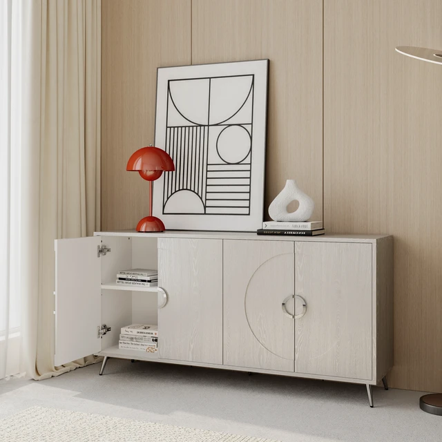 Alt view image 4 of 7 - Modern Lacquered 4 Door Wooden Cabinet Sideboard Buffet Server Cabinet Storage Cabinet, for Living Room, Entryway, Hallway, Office, Kitchen and Dining Room, Champagne Silver