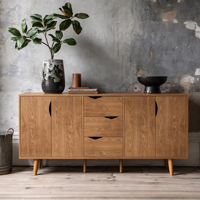 Alt view image 4 of 7 - 63'' Modern Storage Cabinet with 4 Doors & 3 Drawers, Wood Veneer Exterior, Solid Wood Inner Panels & 6 Solid Wood Legs, Freestanding Organizer for Living Room, Kitchen, Dining Room, Hallway
