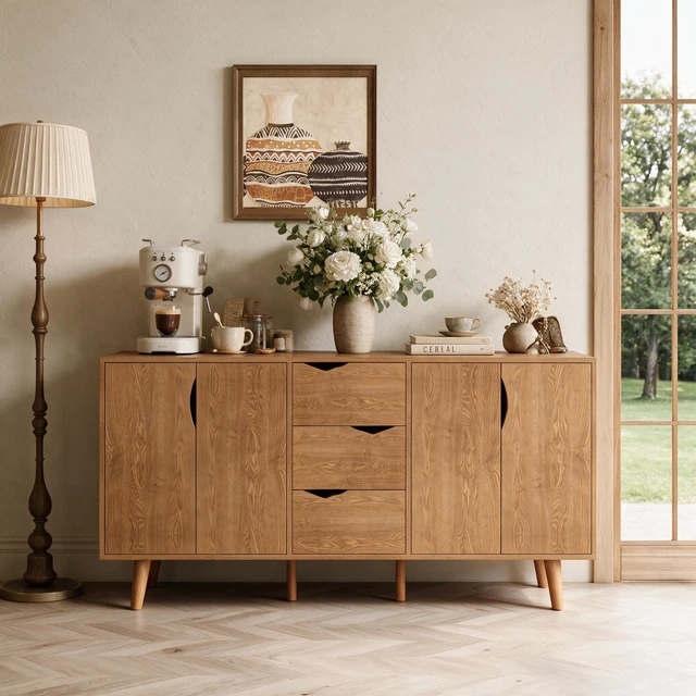 Alt view image 6 of 7 - 63'' Modern Storage Cabinet with 4 Doors & 3 Drawers, Wood Veneer Exterior, Solid Wood Inner Panels & 6 Solid Wood Legs, Freestanding Organizer for Living Room, Kitchen, Dining Room, Hallway