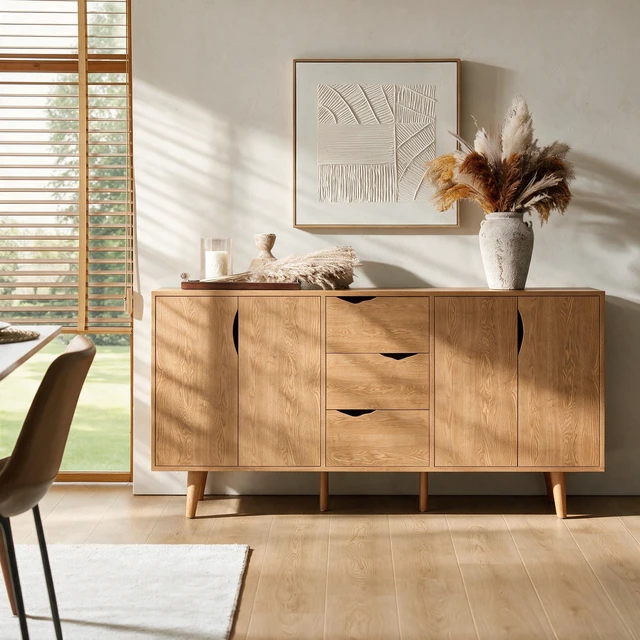 Alt view image 5 of 7 - 63'' Modern Storage Cabinet with 4 Doors & 3 Drawers, Wood Veneer Exterior, Solid Wood Inner Panels & 6 Solid Wood Legs, Freestanding Organizer for Living Room, Kitchen, Dining Room, Hallway
