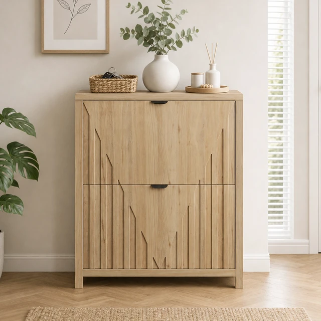 Alt view image 3 of 7 - 31.5-inch oak-colored shoe cabinet, entryway shoe cabinet with vertical carved panels, large-capacity flip-down storage cabinet, luxurious and sturdy wooden style dustproof shoe rack for home use.
