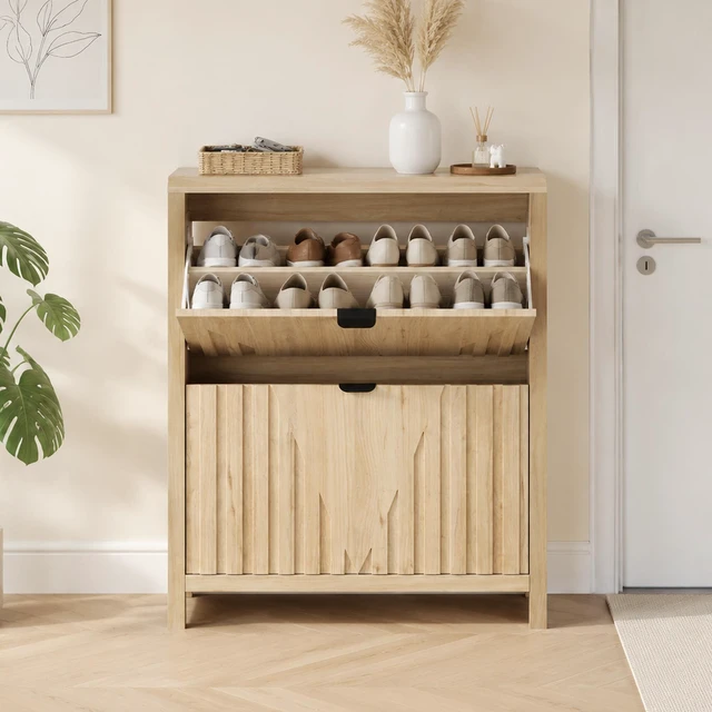 Main image of 31.5-inch oak-colored shoe cabinet, entryway shoe cabinet with vertical carved panels, large-capacity flip-down storage cabinet, luxurious and sturdy wooden style dustproof shoe rack for home use.