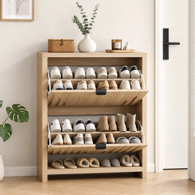 Alt view image 5 of 7 - 31.5-inch oak-colored shoe cabinet, entryway shoe cabinet with vertical carved panels, large-capacity flip-down storage cabinet, luxurious and sturdy wooden style dustproof shoe rack for home use.