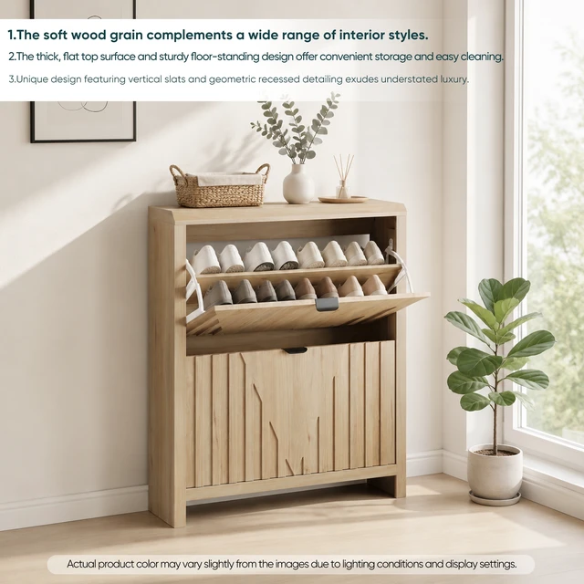 Alt view image 7 of 7 - 31.5-inch oak-colored shoe cabinet, entryway shoe cabinet with vertical carved panels, large-capacity flip-down storage cabinet, luxurious and sturdy wooden style dustproof shoe rack for home use.