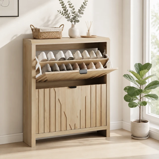 Alt view image 4 of 7 - 31.5-inch oak-colored shoe cabinet, entryway shoe cabinet with vertical carved panels, large-capacity flip-down storage cabinet, luxurious and sturdy wooden style dustproof shoe rack for home use.