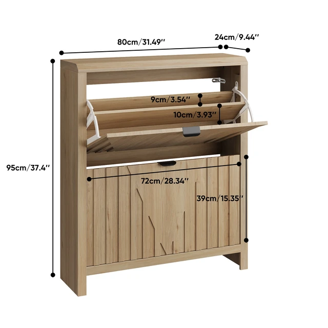 Alt view image 2 of 7 - 31.5-inch oak-colored shoe cabinet, entryway shoe cabinet with vertical carved panels, large-capacity flip-down storage cabinet, luxurious and sturdy wooden style dustproof shoe rack for home use.