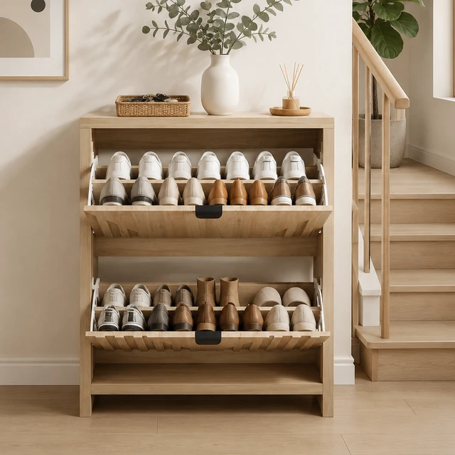 Alt view image 6 of 7 - 31.5-inch oak-colored shoe cabinet, entryway shoe cabinet with vertical carved panels, large-capacity flip-down storage cabinet, luxurious and sturdy wooden style dustproof shoe rack for home use.