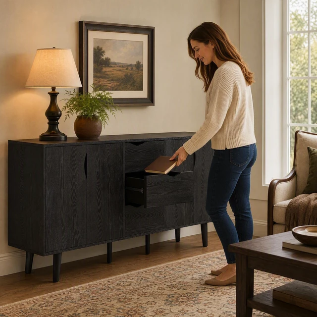 Alt view image 4 of 7 - 63'' Modern Storage Cabinet with 4 Doors & 3 Drawers, Wood Veneer Exterior, Solid Wood Inner Panels & 6 Solid Wood Legs, Freestanding Organizer for Living Room, Dining Room, Hallway ,Black