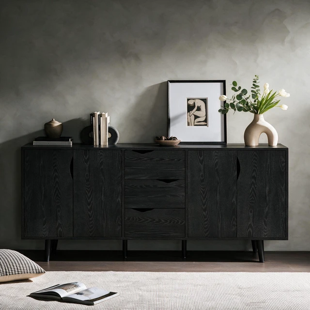 Main image of 63'' Modern Storage Cabinet with 4 Doors & 3 Drawers, Wood Veneer Exterior, Solid Wood Inner Panels & 6 Solid Wood Legs, Freestanding Organizer for Living Room, Dining Room, Hallway ,Black