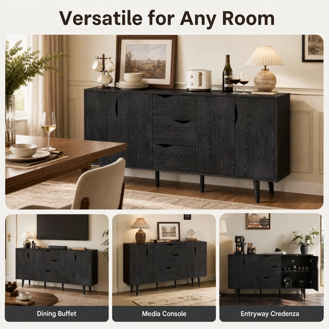 Alt view image 6 of 7 - 63'' Modern Storage Cabinet with 4 Doors & 3 Drawers, Wood Veneer Exterior, Solid Wood Inner Panels & 6 Solid Wood Legs, Freestanding Organizer for Living Room, Dining Room, Hallway ,Black