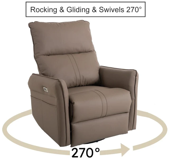 Main image of 270° Power Swivel Rocker Recliner Chair, Electric Glider Reclining Sofa with USB Ports, PU Faux Leather Power Swivel Glider, Rocking Chair,Nursery Recliners for Living Room Bedroom(Brown+270° Swivel)