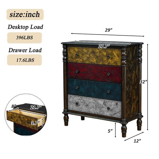 Alt view image 5 of 7 - Farmhouse Chest of Drawers for Bedroom, 32'' Tall Dresser for Closet, Rustic Wood Dressers with 4 Solid Wood Feet for Bedroom, Hallway, Entryway, Colorful