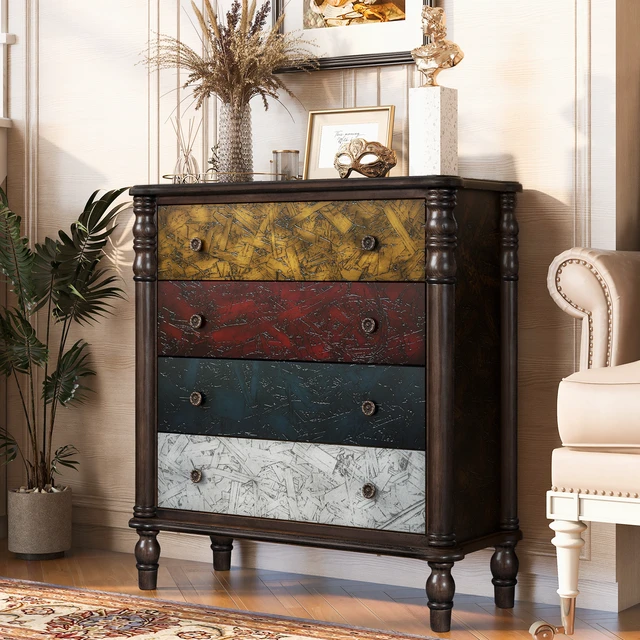 Alt view image 4 of 7 - Farmhouse Chest of Drawers for Bedroom, 32'' Tall Dresser for Closet, Rustic Wood Dressers with 4 Solid Wood Feet for Bedroom, Hallway, Entryway, Colorful