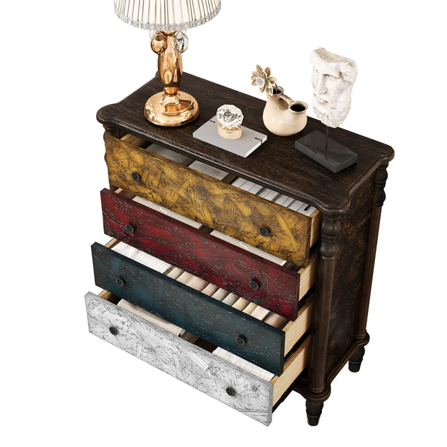 Alt view image 2 of 7 - Farmhouse Chest of Drawers for Bedroom, 32'' Tall Dresser for Closet, Rustic Wood Dressers with 4 Solid Wood Feet for Bedroom, Hallway, Entryway, Colorful