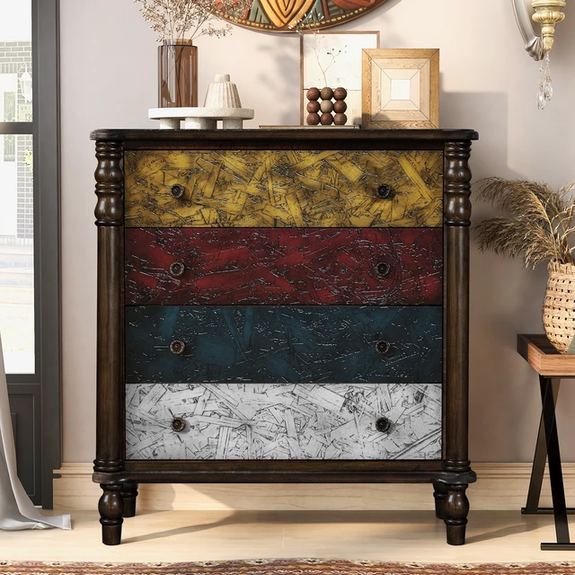 Alt view image 3 of 7 - Farmhouse Chest of Drawers for Bedroom, 32'' Tall Dresser for Closet, Rustic Wood Dressers with 4 Solid Wood Feet for Bedroom, Hallway, Entryway, Colorful