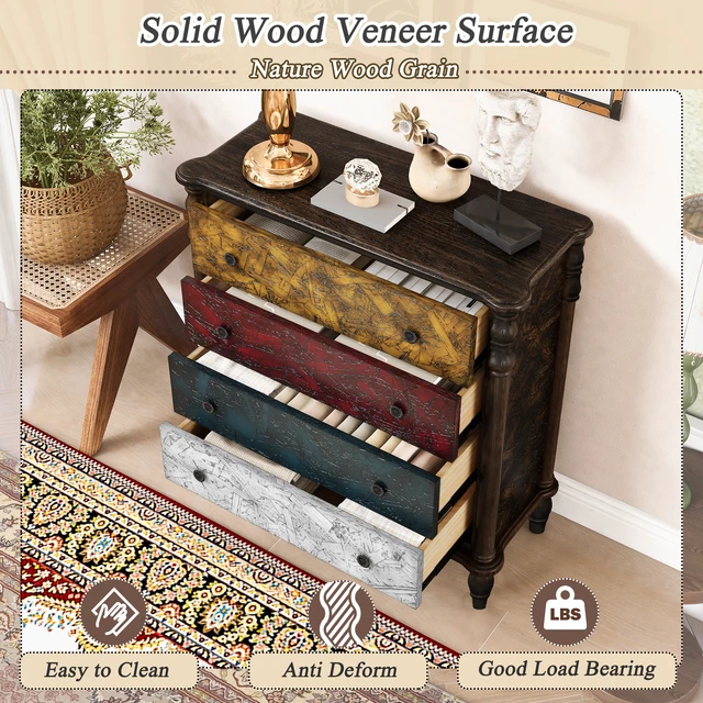 Alt view image 6 of 7 - Farmhouse Chest of Drawers for Bedroom, 32'' Tall Dresser for Closet, Rustic Wood Dressers with 4 Solid Wood Feet for Bedroom, Hallway, Entryway, Colorful