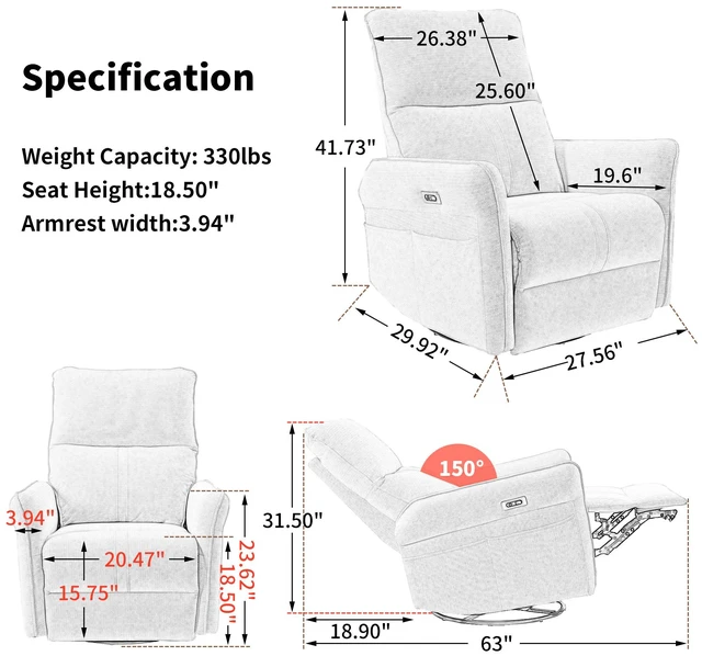 Alt view image 2 of 5 - 270° Power Swivel Rocker Recliner Chair, Electric Glider Reclining Sofa with USB Ports, PU Faux Leather Power Swivel Glider, Rocking Chair,Nursery Recliners for Living Room Bedroom(Brown+270° Swivel)