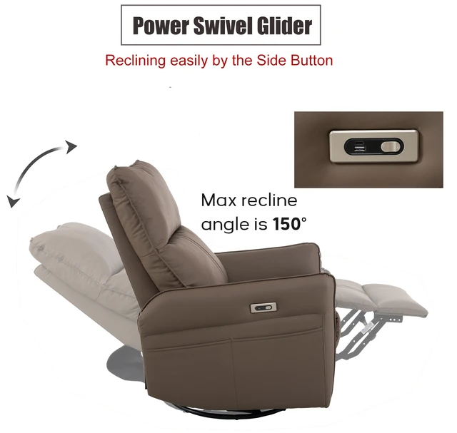 Alt view image 3 of 5 - 270° Power Swivel Rocker Recliner Chair, Electric Glider Reclining Sofa with USB Ports, PU Faux Leather Power Swivel Glider, Rocking Chair,Nursery Recliners for Living Room Bedroom(Brown+270° Swivel)
