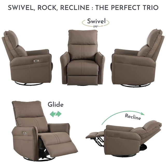Alt view image 5 of 5 - 270° Power Swivel Rocker Recliner Chair, Electric Glider Reclining Sofa with USB Ports, PU Faux Leather Power Swivel Glider, Rocking Chair,Nursery Recliners for Living Room Bedroom(Brown+270° Swivel)