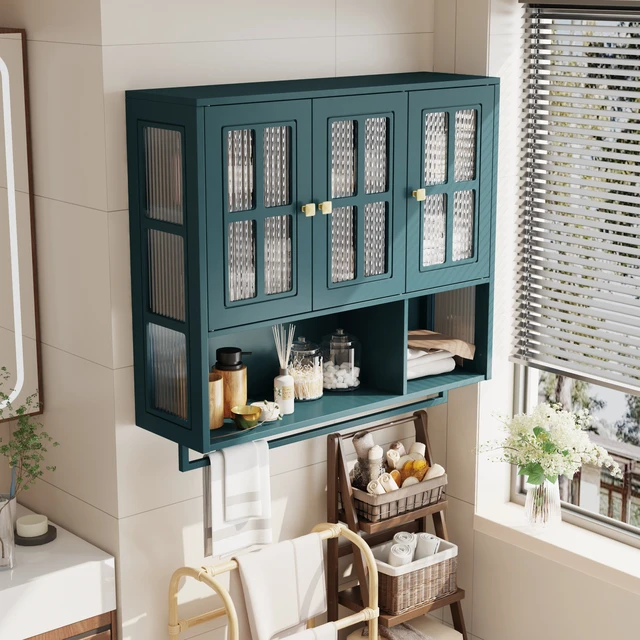 Alt view image 3 of 7 - Bathroom Wall Cabinet, 3-Door Wooden Wall Cabinet with Open and Hidden Storage Space, Medicine Cabinet with Glass Door and Towel Bar for Entryway Living Room Bathroom Dining Room,Dark Green