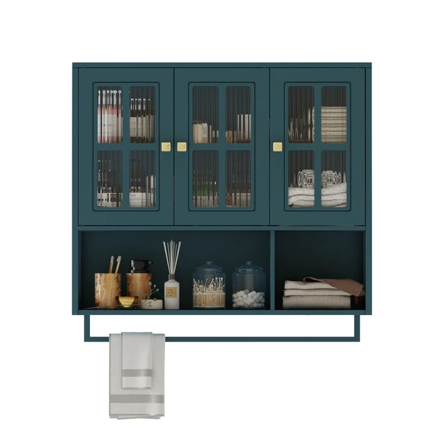 Alt view image 5 of 7 - Bathroom Wall Cabinet, 3-Door Wooden Wall Cabinet with Open and Hidden Storage Space, Medicine Cabinet with Glass Door and Towel Bar for Entryway Living Room Bathroom Dining Room,Dark Green