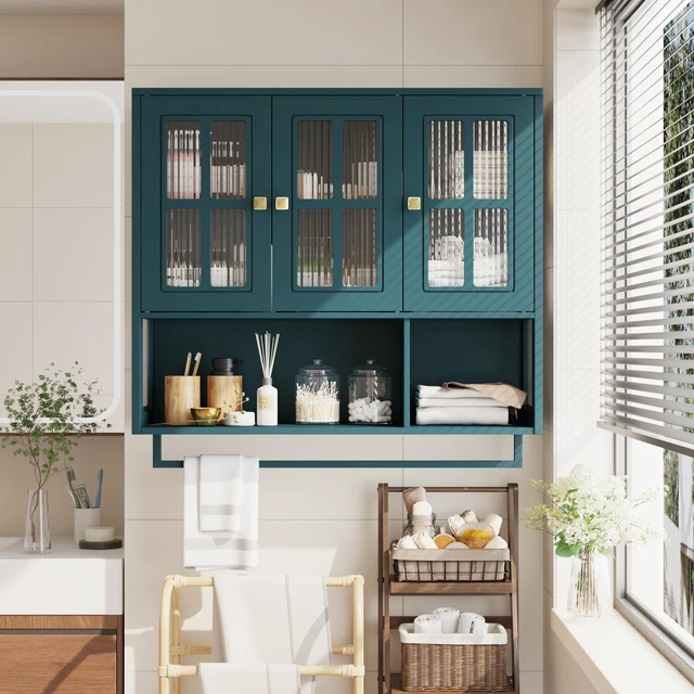 Main image of Bathroom Wall Cabinet, 3-Door Wooden Wall Cabinet with Open and Hidden Storage Space, Medicine Cabinet with Glass Door and Towel Bar for Entryway Living Room Bathroom Dining Room,Dark Green