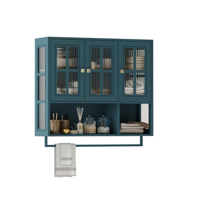 Alt view image 6 of 7 - Bathroom Wall Cabinet, 3-Door Wooden Wall Cabinet with Open and Hidden Storage Space, Medicine Cabinet with Glass Door and Towel Bar for Entryway Living Room Bathroom Dining Room,Dark Green