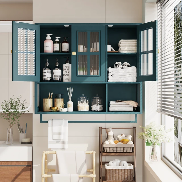 Alt view image 4 of 7 - Bathroom Wall Cabinet, 3-Door Wooden Wall Cabinet with Open and Hidden Storage Space, Medicine Cabinet with Glass Door and Towel Bar for Entryway Living Room Bathroom Dining Room,Dark Green