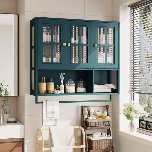 Alt view image 2 of 7 - Bathroom Wall Cabinet, 3-Door Wooden Wall Cabinet with Open and Hidden Storage Space, Medicine Cabinet with Glass Door and Towel Bar for Entryway Living Room Bathroom Dining Room,Dark Green