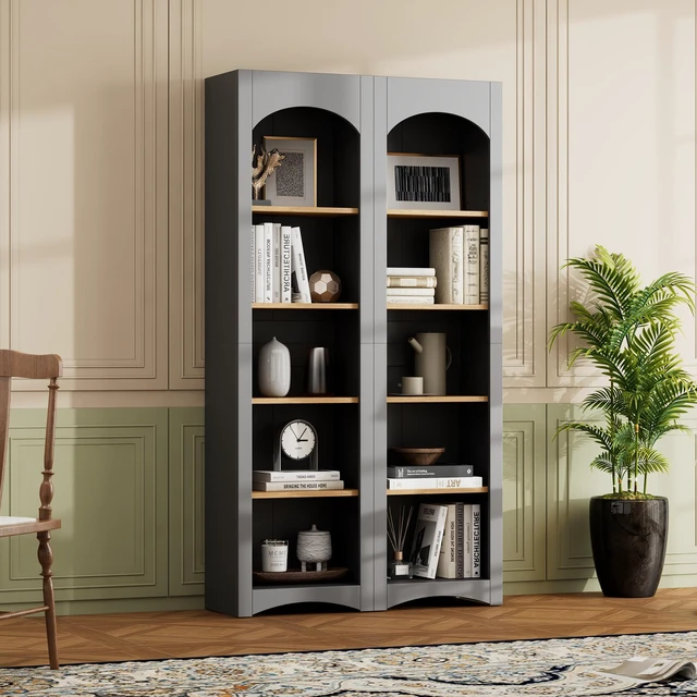 Main image of ON-TREND Free Standing 5 Tier Bookshelves, Bookcases Set of 2, Farmhouse Two-Tone Storage Cabinet with Adjustable Shelves, Modern 72"H Kitchen Pantry Cabinet for Living Room, Home Office, Grey