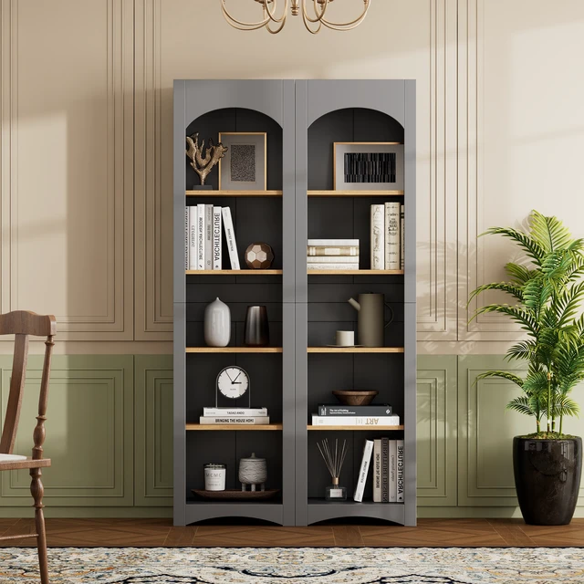 Alt view image 2 of 7 - ON-TREND Free Standing 5 Tier Bookshelves, Bookcases Set of 2, Farmhouse Two-Tone Storage Cabinet with Adjustable Shelves, Modern 72"H Kitchen Pantry Cabinet for Living Room, Home Office, Grey