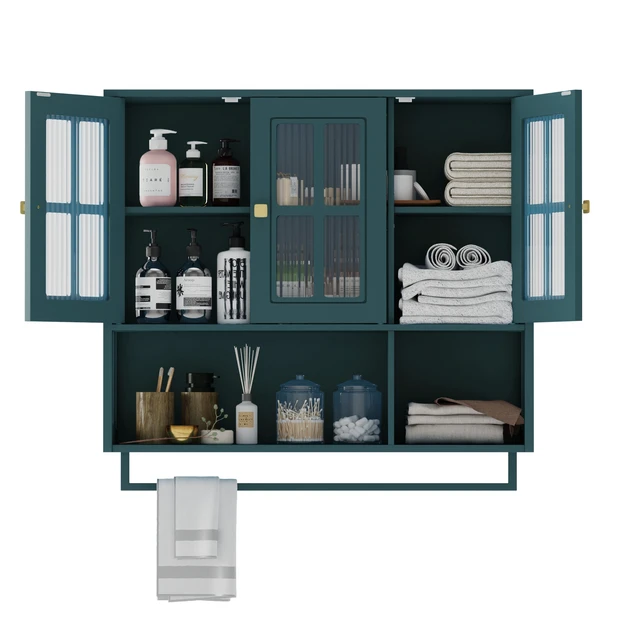 Alt view image 7 of 7 - Bathroom Wall Cabinet, 3-Door Wooden Wall Cabinet with Open and Hidden Storage Space, Medicine Cabinet with Glass Door and Towel Bar for Entryway Living Room Bathroom Dining Room,Dark Green