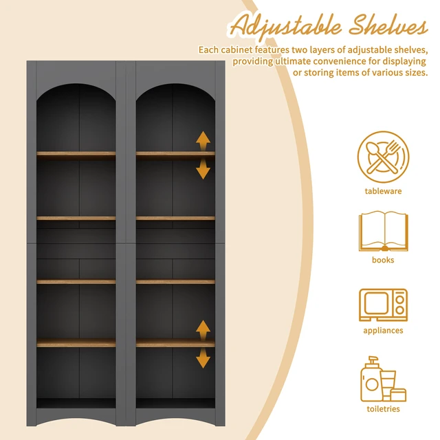 Alt view image 5 of 7 - ON-TREND Free Standing 5 Tier Bookshelves, Bookcases Set of 2, Farmhouse Two-Tone Storage Cabinet with Adjustable Shelves, Modern 72"H Kitchen Pantry Cabinet for Living Room, Home Office, Grey