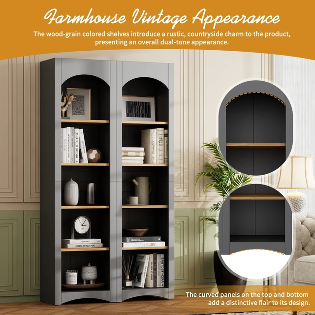 Alt view image 6 of 7 - ON-TREND Free Standing 5 Tier Bookshelves, Bookcases Set of 2, Farmhouse Two-Tone Storage Cabinet with Adjustable Shelves, Modern 72"H Kitchen Pantry Cabinet for Living Room, Home Office, Grey