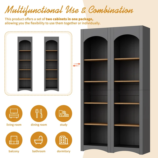 Alt view image 3 of 7 - ON-TREND Free Standing 5 Tier Bookshelves, Bookcases Set of 2, Farmhouse Two-Tone Storage Cabinet with Adjustable Shelves, Modern 72"H Kitchen Pantry Cabinet for Living Room, Home Office, Grey