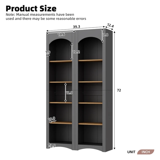 Alt view image 7 of 7 - ON-TREND Free Standing 5 Tier Bookshelves, Bookcases Set of 2, Farmhouse Two-Tone Storage Cabinet with Adjustable Shelves, Modern 72"H Kitchen Pantry Cabinet for Living Room, Home Office, Grey
