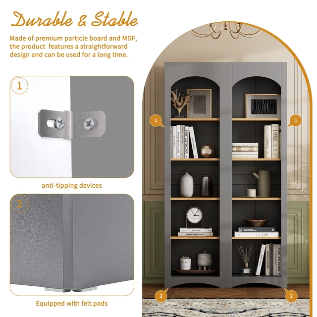 Alt view image 4 of 7 - ON-TREND Free Standing 5 Tier Bookshelves, Bookcases Set of 2, Farmhouse Two-Tone Storage Cabinet with Adjustable Shelves, Modern 72"H Kitchen Pantry Cabinet for Living Room, Home Office, Grey