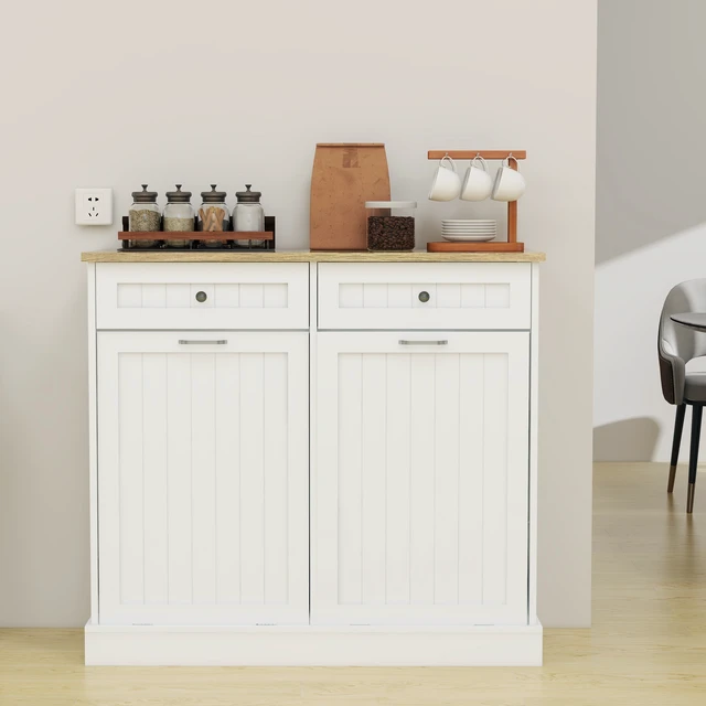Alt view image 2 of 7 - Two Drawers and Two-Compartment Tilt-Out Trash Cabinet Kitchen Trash Cabinet-White