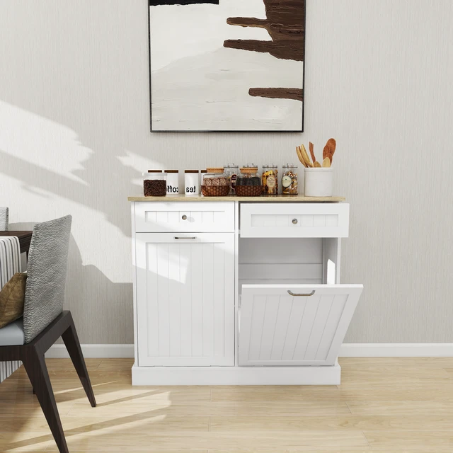 Alt view image 4 of 7 - Two Drawers and Two-Compartment Tilt-Out Trash Cabinet Kitchen Trash Cabinet-White