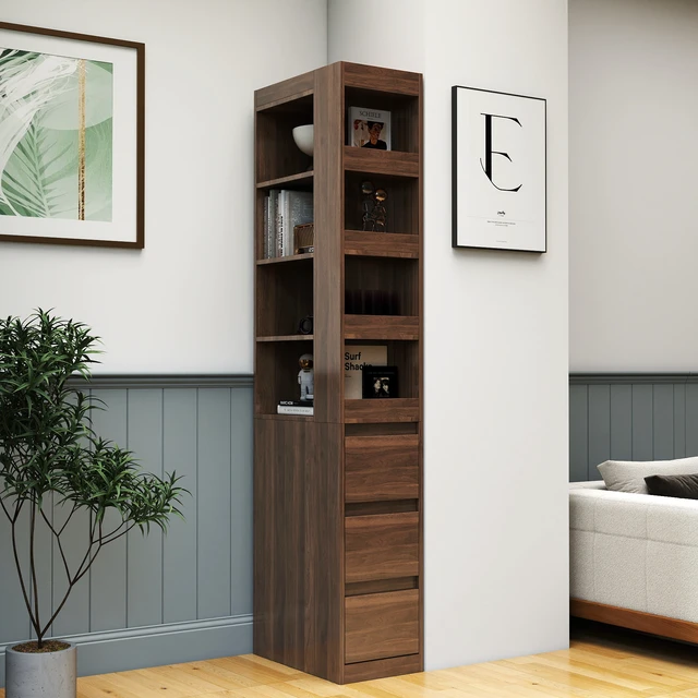Alt view image 2 of 7 - 70.87" H Display Storage Cabinet , 4-Tier Shelf, 3 Side Drawers & 4 small display shelves , Modern Wooden Tall Bookshelf Bookcase for Living Room Home Office