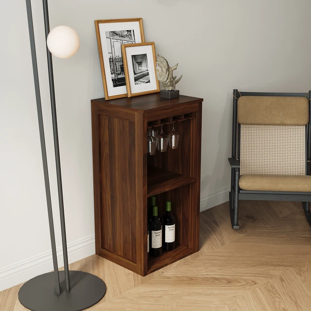 Alt view image 2 of 7 - Brown walnut color modular wine bar Cabinet with Storage Shelves with Hutch for Dining Room