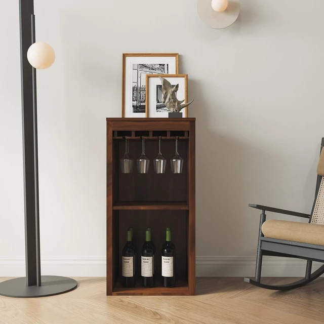 Main image of Brown walnut color modular wine bar Cabinet with Storage Shelves with Hutch for Dining Room
