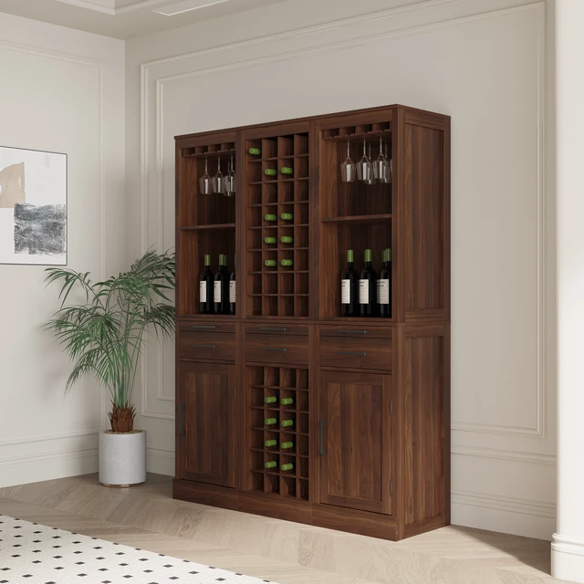 Alt view image 3 of 7 - Brown walnut color modular wine bar Cabinet with Storage Shelves with Hutch for Dining Room