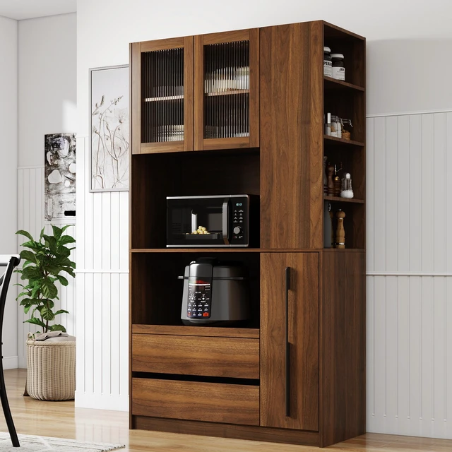 Main image of 70.87" Tall Kitchen Pantry Cabinet with multi-functional pull-out multi-tier storage shelf, 4-Tier side Shelf, 2 Drawers,with Glass Door,Freestanding Food Hutch with Microwave Stand for Dining Room