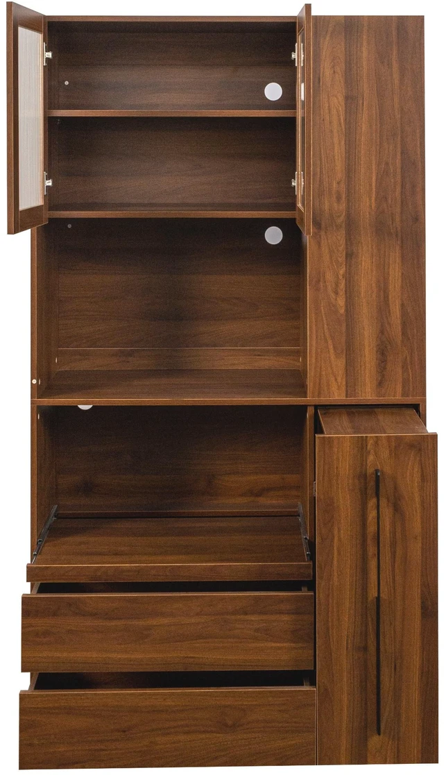Alt view image 5 of 7 - 70.87" Tall Kitchen Pantry Cabinet with multi-functional pull-out multi-tier storage shelf, 4-Tier side Shelf, 2 Drawers,with Glass Door,Freestanding Food Hutch with Microwave Stand for Dining Room