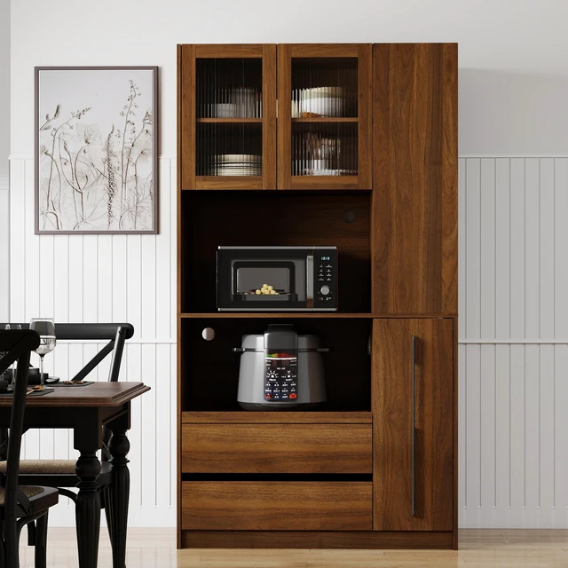 Alt view image 3 of 7 - 70.87" Tall Kitchen Pantry Cabinet with multi-functional pull-out multi-tier storage shelf, 4-Tier side Shelf, 2 Drawers,with Glass Door,Freestanding Food Hutch with Microwave Stand for Dining Room