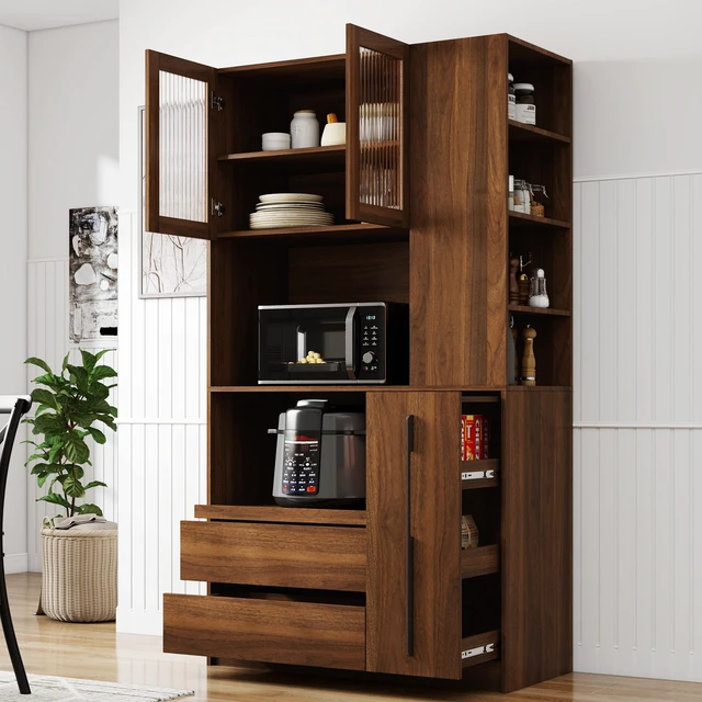 Alt view image 2 of 7 - 70.87" Tall Kitchen Pantry Cabinet with multi-functional pull-out multi-tier storage shelf, 4-Tier side Shelf, 2 Drawers,with Glass Door,Freestanding Food Hutch with Microwave Stand for Dining Room