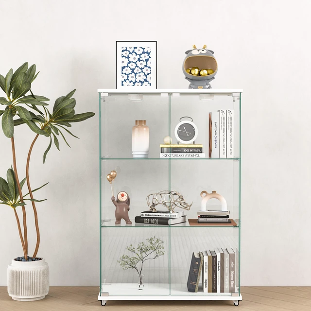 Main image of Modern Glass Display Cabinet with LED lights, Quick-assembly Antique Cabinet, Tempered Glass Bookshelf, Suitable for Living Room and Bedrooms, 2-door 3-shelf, Transparent+White (Old Sku:W241P242928)