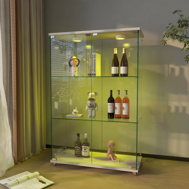 Alt view image 2 of 7 - Modern Glass Display Cabinet with LED lights, Quick-assembly Antique Cabinet, Tempered Glass Bookshelf, Suitable for Living Room and Bedrooms, 2-door 3-shelf, Transparent+White (Old Sku:W241P242928)